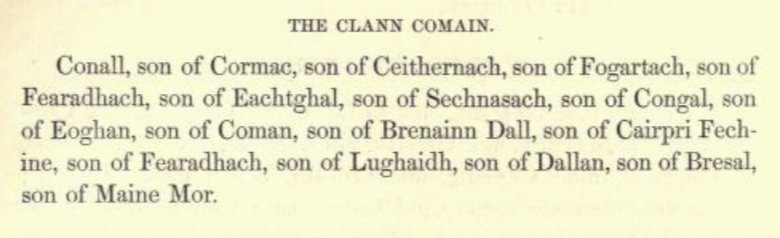 The Clann Comáin pedigree segment, English translation, from O'Donovan's edition of the Book of Lecan, 1843