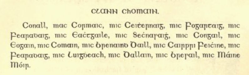 Clann Chomáin pedigree segment in Irish (Gaelic typography), from O'Donovan's edition of the Book of Lecan, 1843