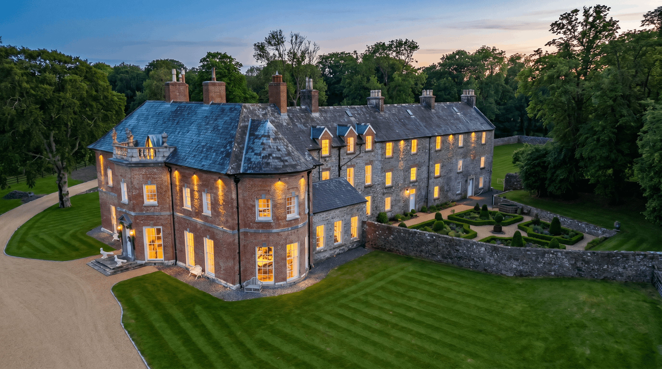 Newhall House at dusk — clan seat of Clan Ó Comáin, County Clare