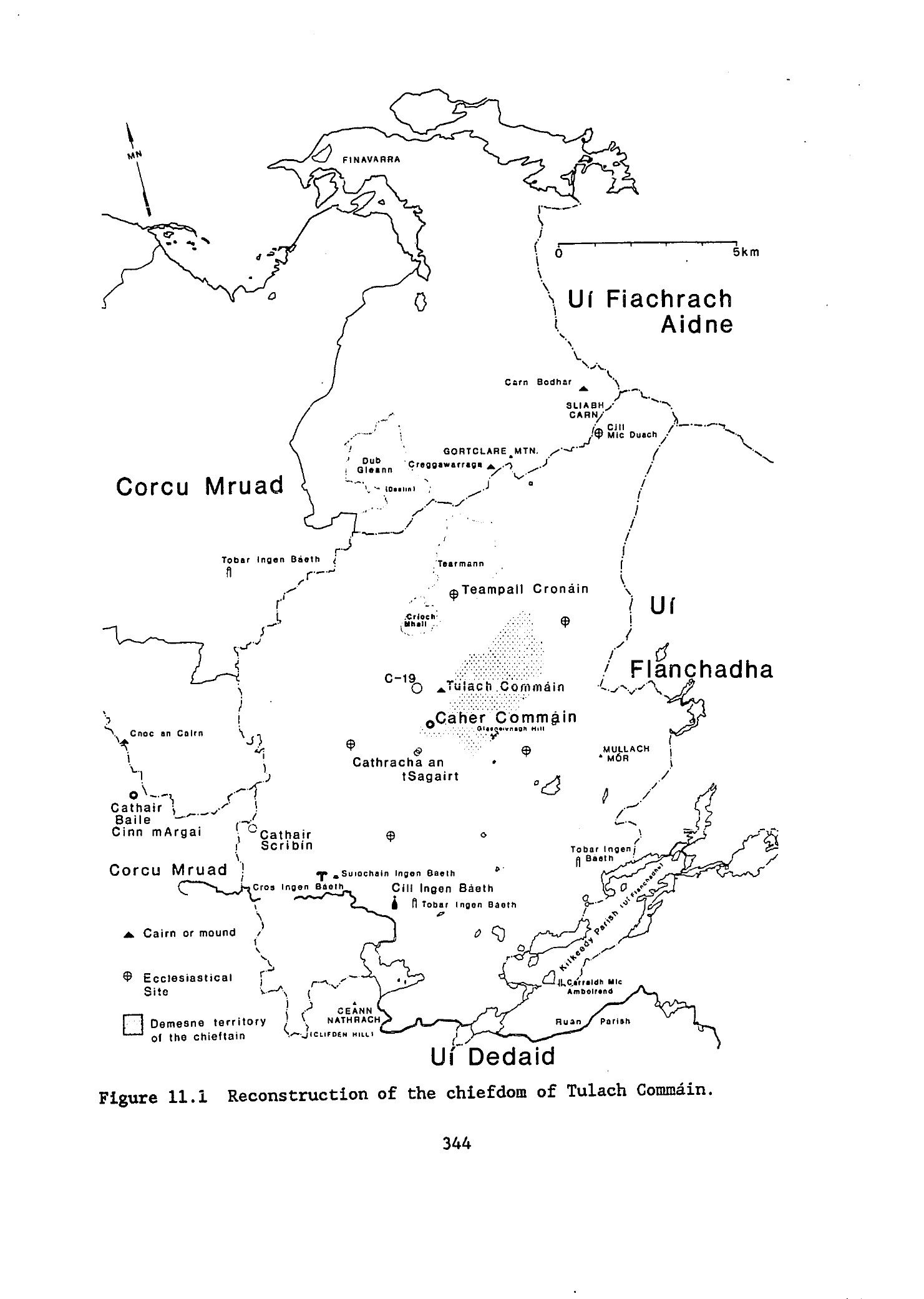Reconstruction map of the Chiefdom of Tulach Commáin, bordered by Corcu Mruad, Uí Fiachrach Aidne, Uí Flánchadha, and Uí Dedaid — with Caher Commáin and the Mound of Commán at the centre