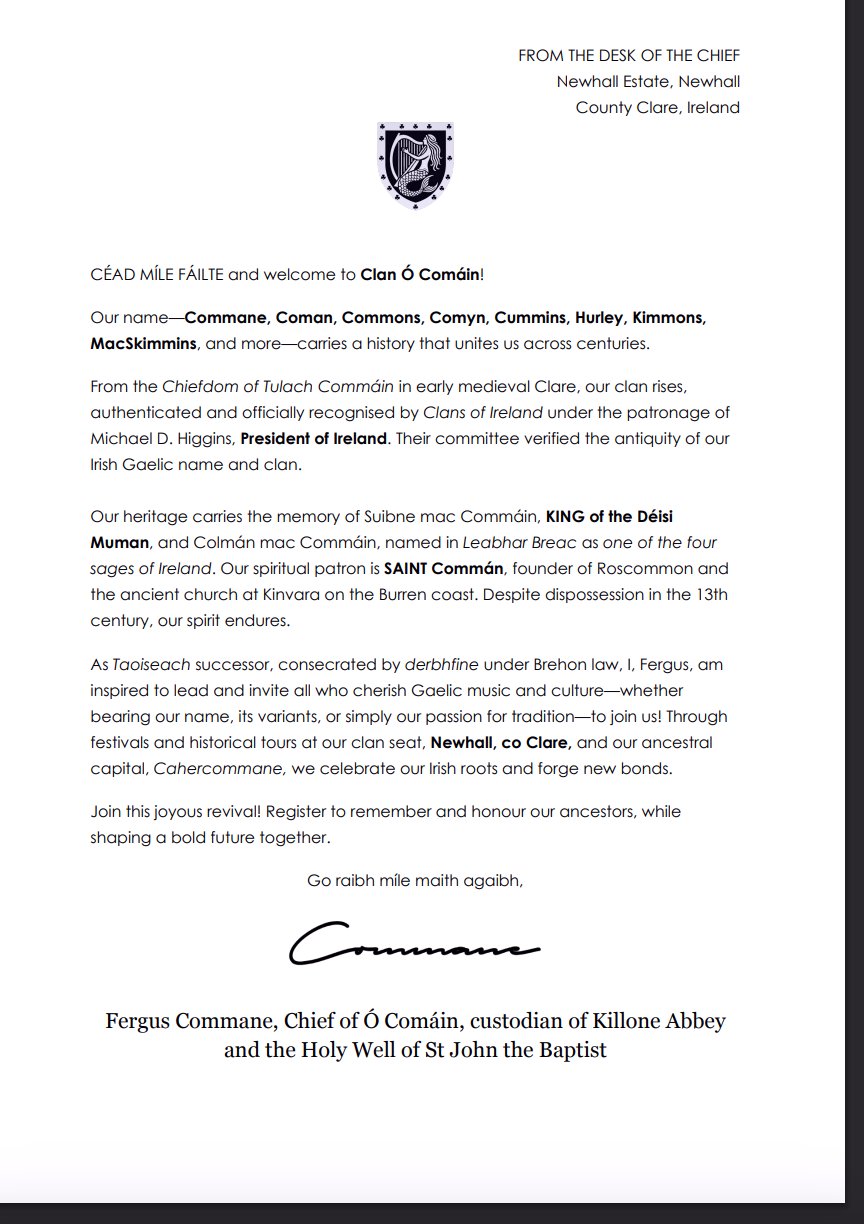 Letter from Fergus Commane, Chief of Ó Comáin of Newhall